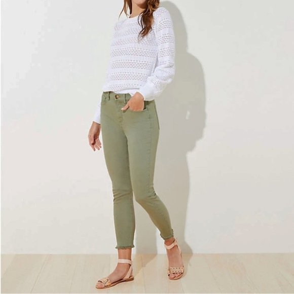 NWT Loft Olive Green High Waist Skinny Crop Frayed Hem Jeans.  Size 26 - Picture 1 of 7